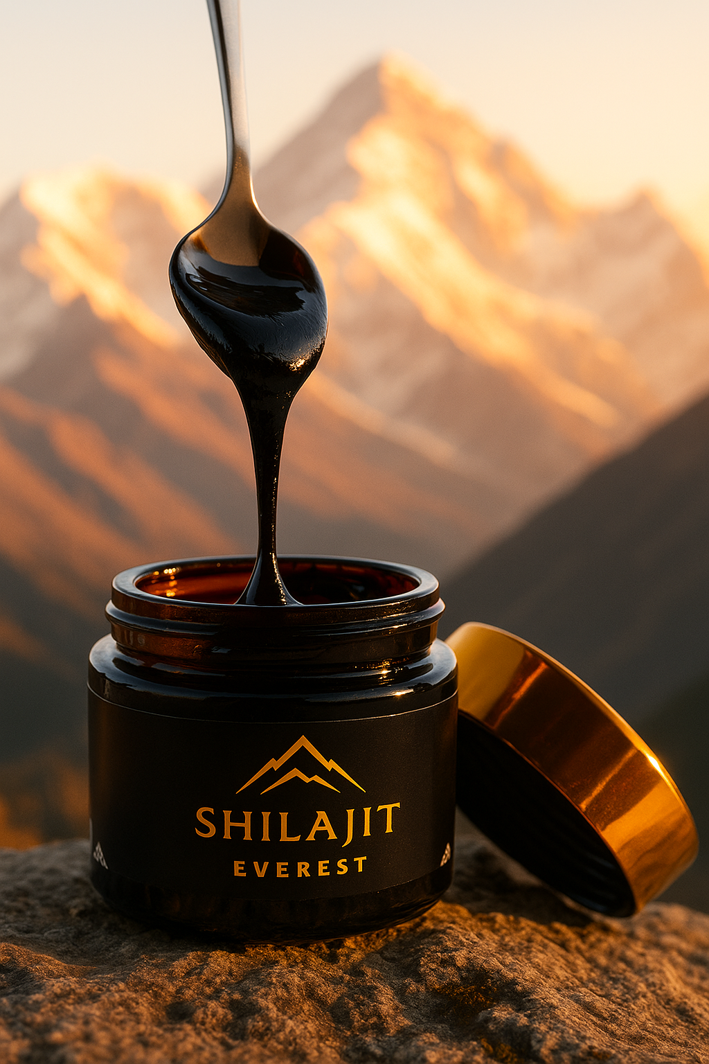 Close-up of pure Himalayan shilajit resin on a spoon